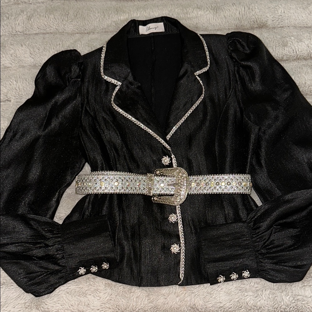 Chenny Black and Silver Blazer Top with Dramatic Sleeves